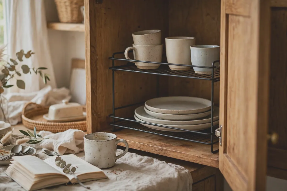 Shelf risers inside a kitchen cabinet creating two layers for cups and plates