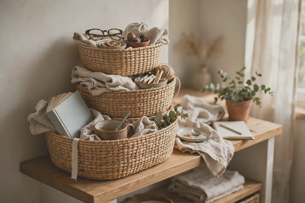 Woven storage baskets stacked on a shelf holding miscellaneous household items