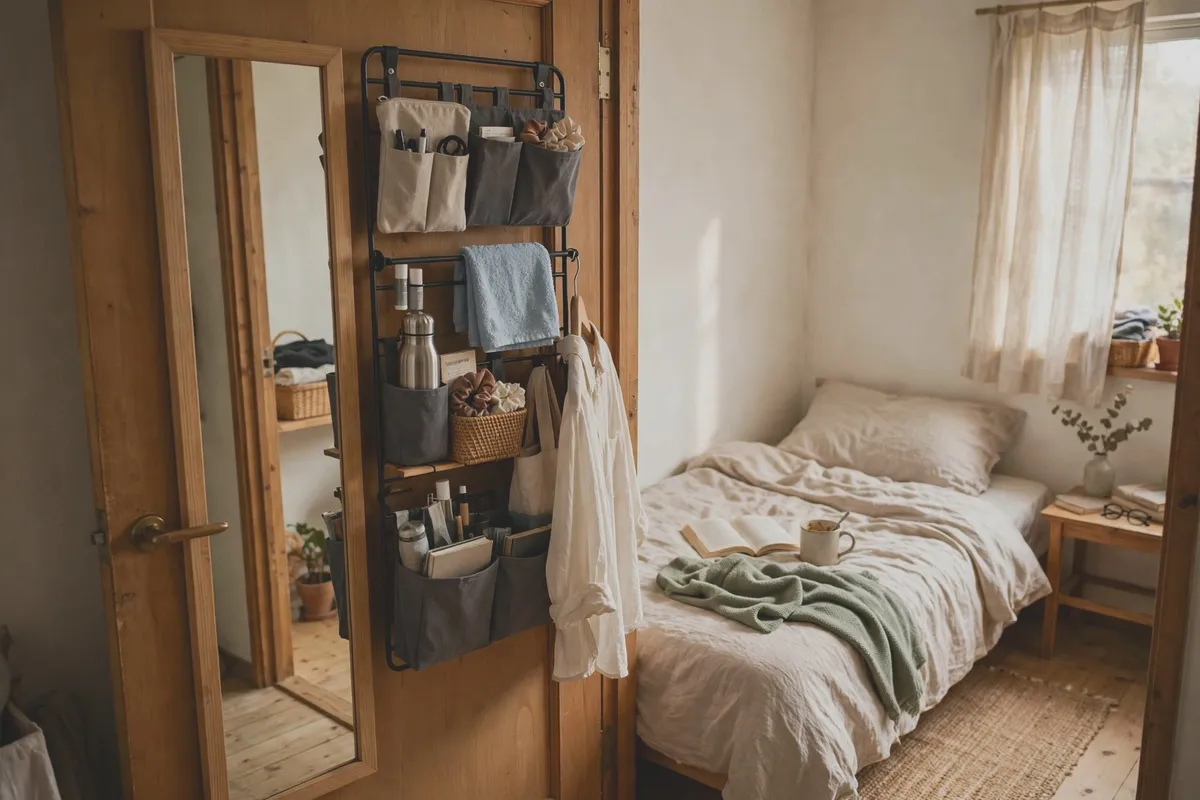Full-length mirror mounted on a door above a behind-door storage rack