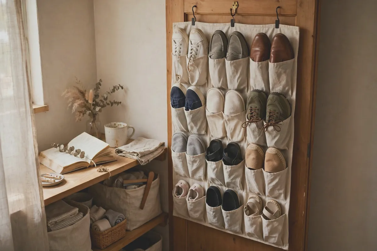 Over-door pocket organizer filled with shoes in a small closet