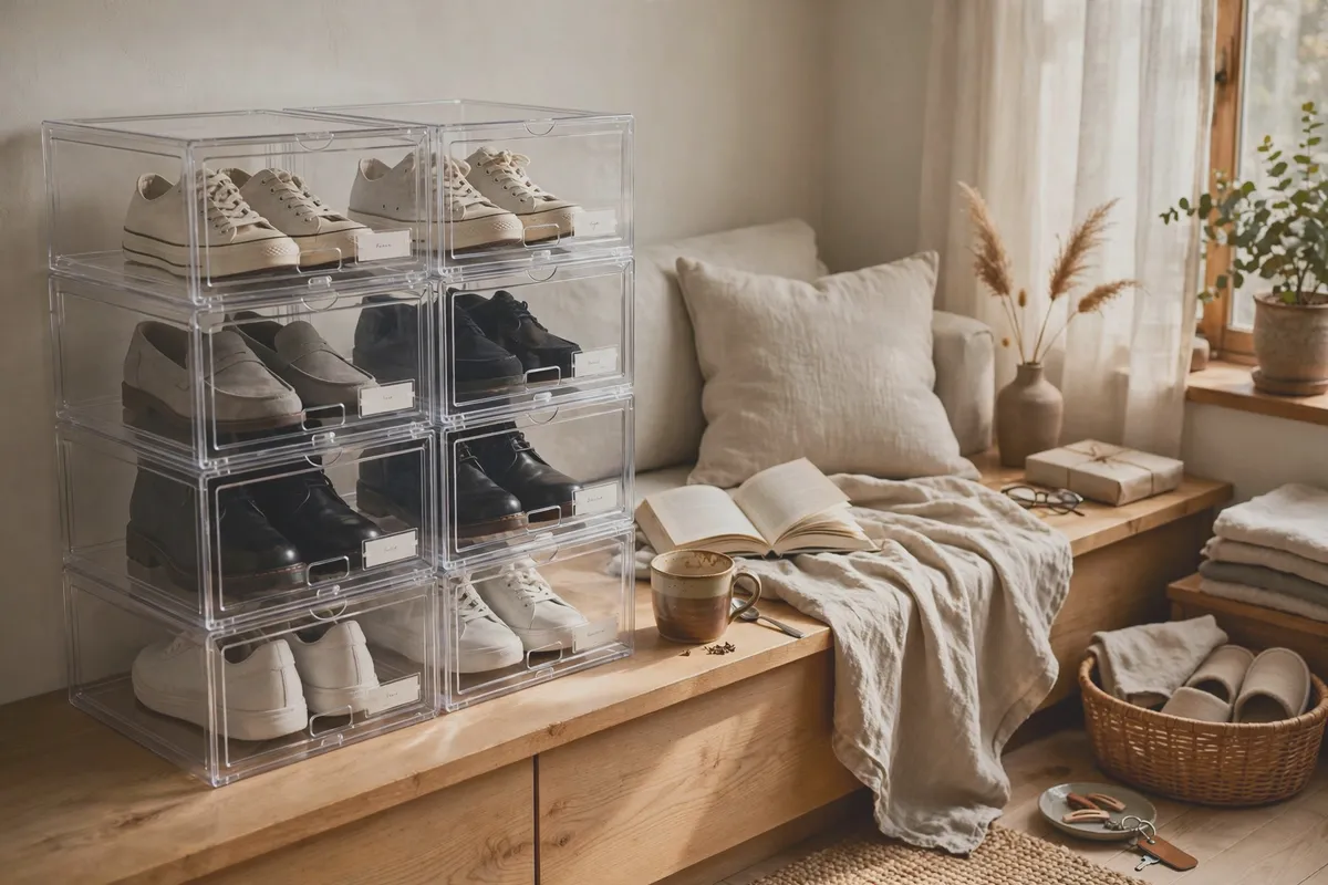 Stackable clear shoe boxes neatly arranged on a closet shelf