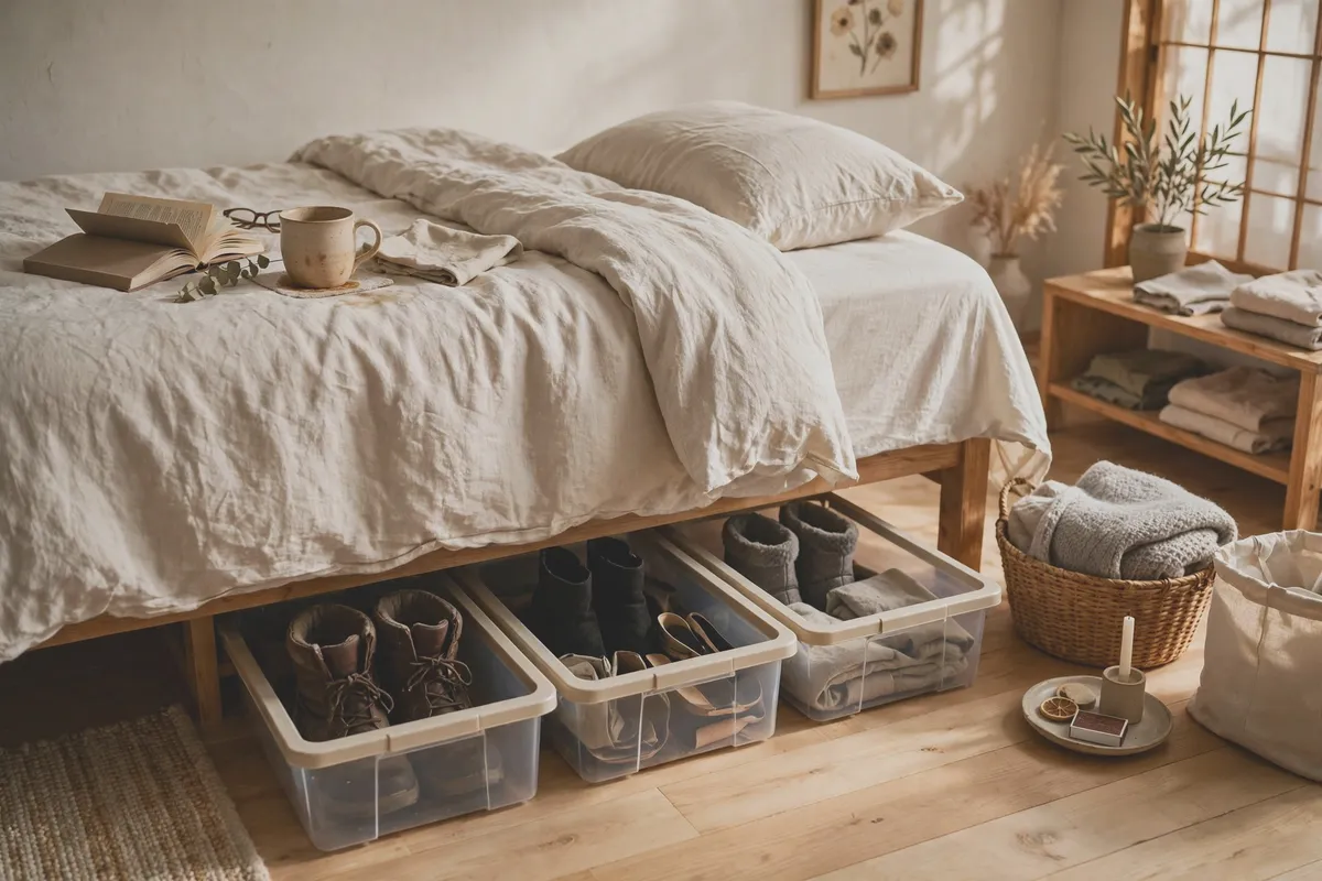 Flat storage bins under a bed holding off-season shoes