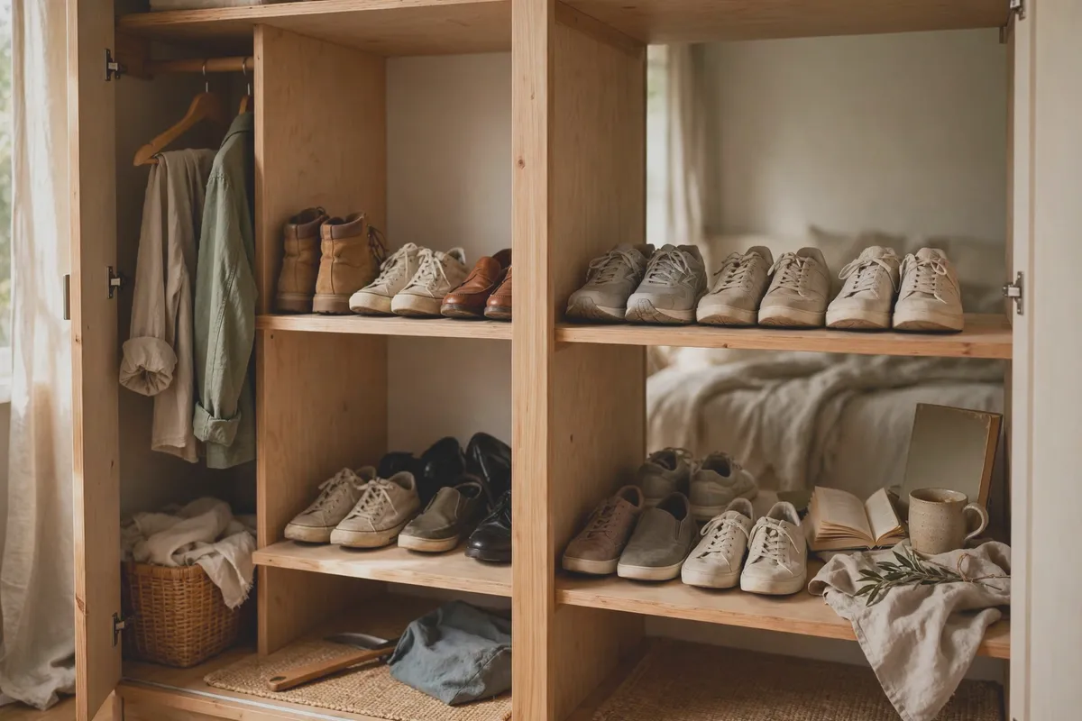Shelf divider creating two layers of shoe storage in a closet