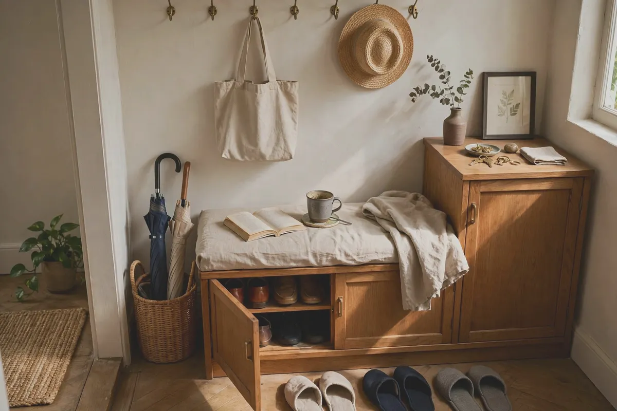 Small entryway shoe cabinet with a bench for putting on shoes