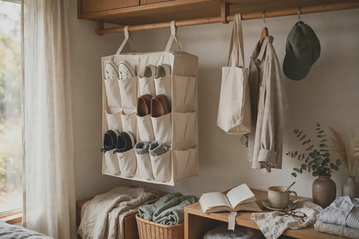 Hanging shoe organizer suspended from a closet rod