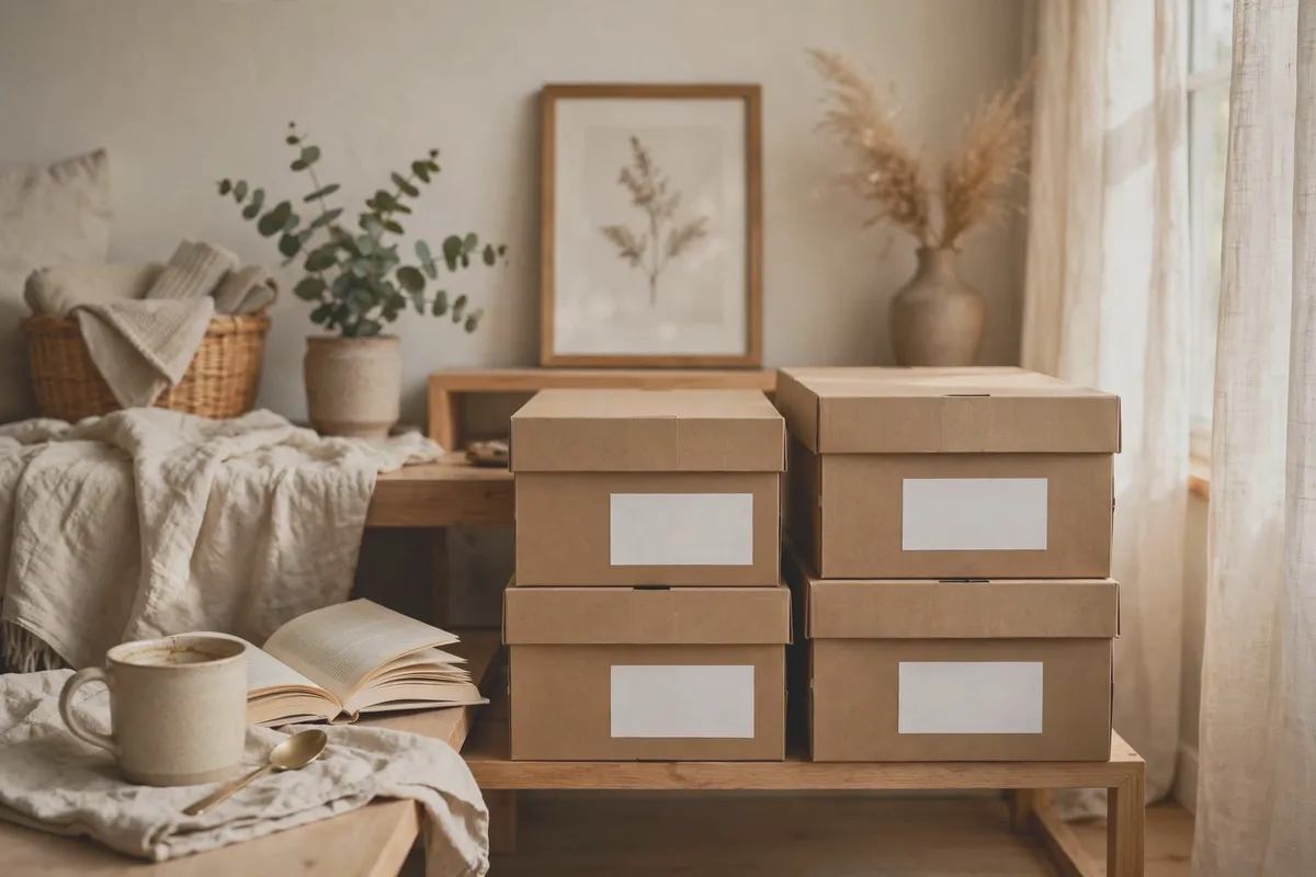 Shoe boxes stacked neatly in a small closet