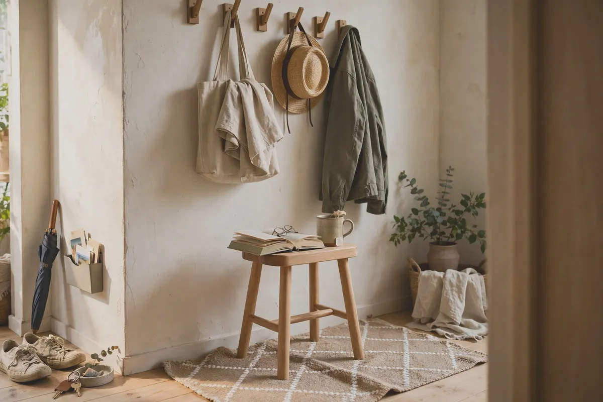 Small entryway corner with wall hooks, a wooden stool and a rug