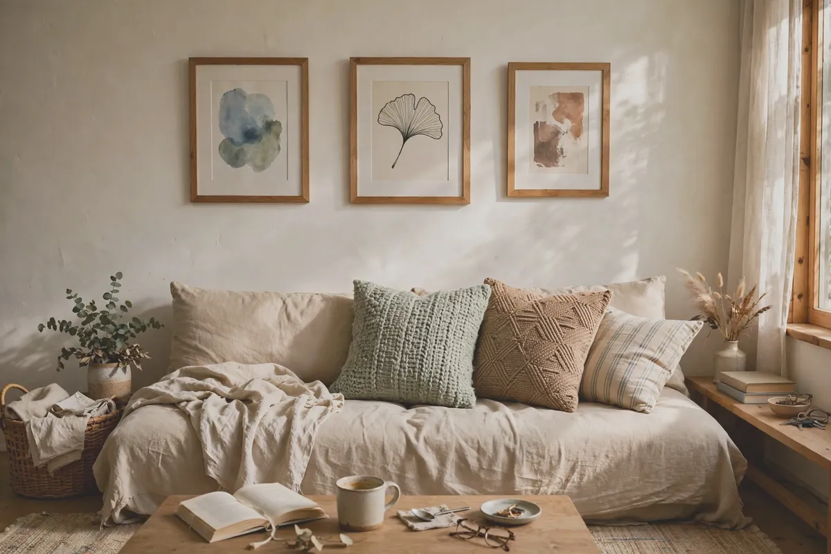 Sofa wall with framed artwork and coordinated throw pillows