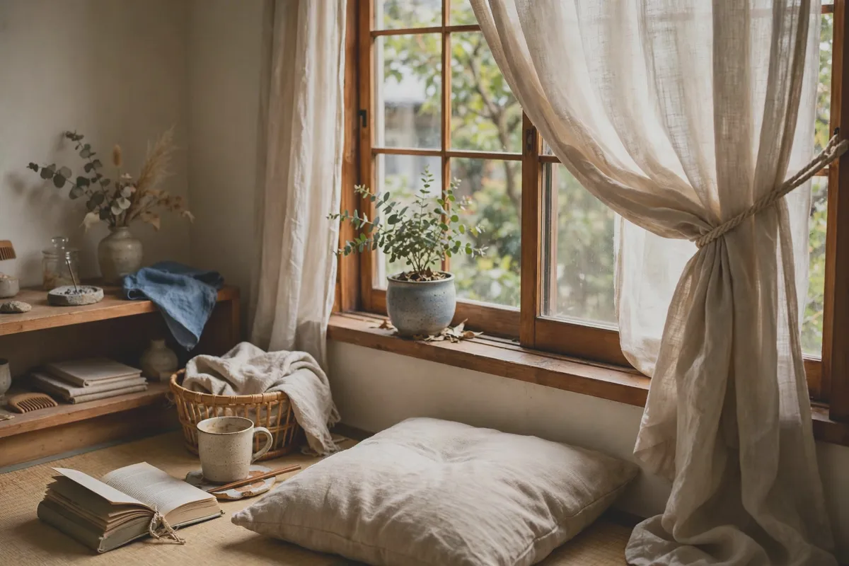 Window corner with curtains, a small potted plant and a floor cushion