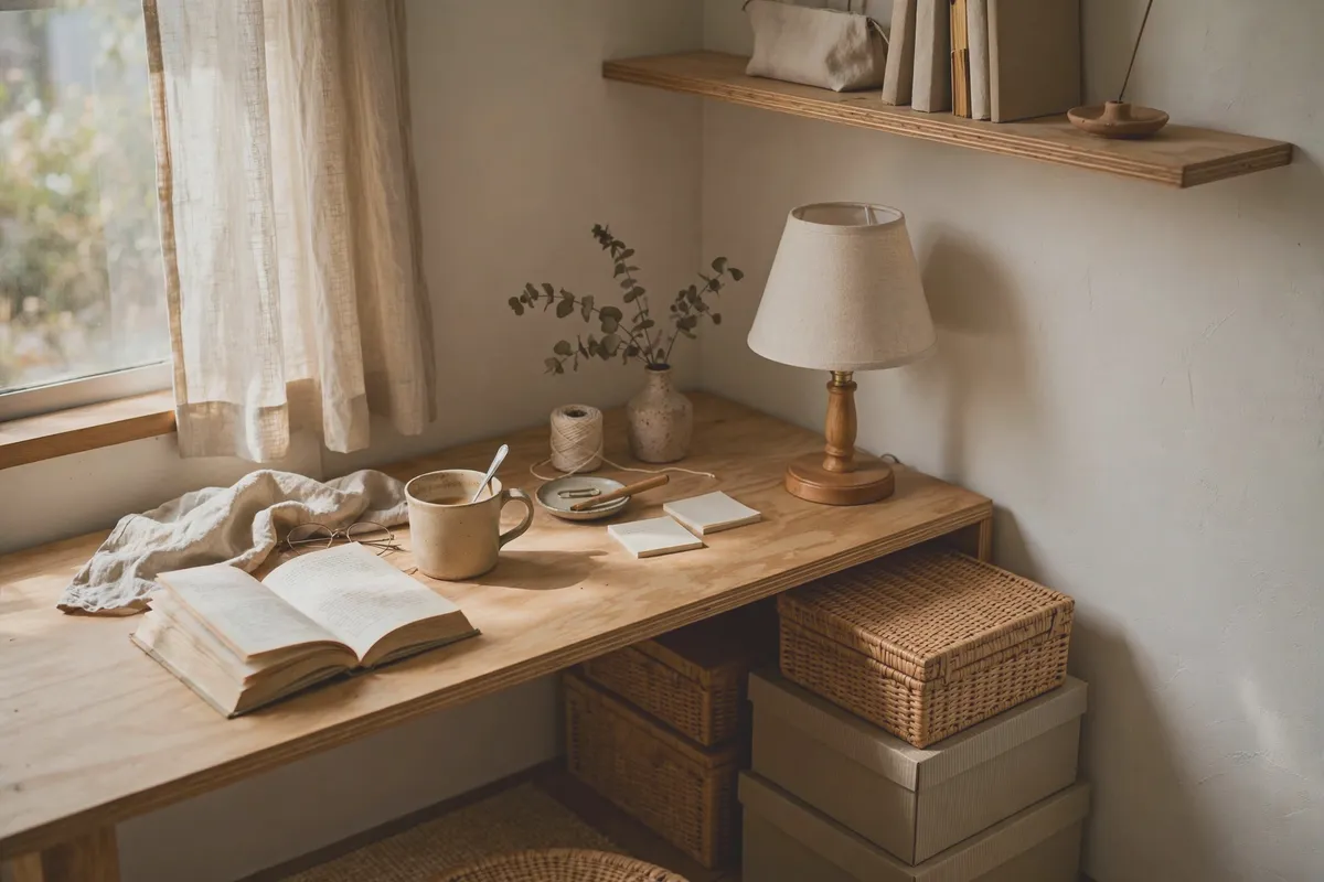 Small desk corner with a warm table lamp and tidy storage boxes