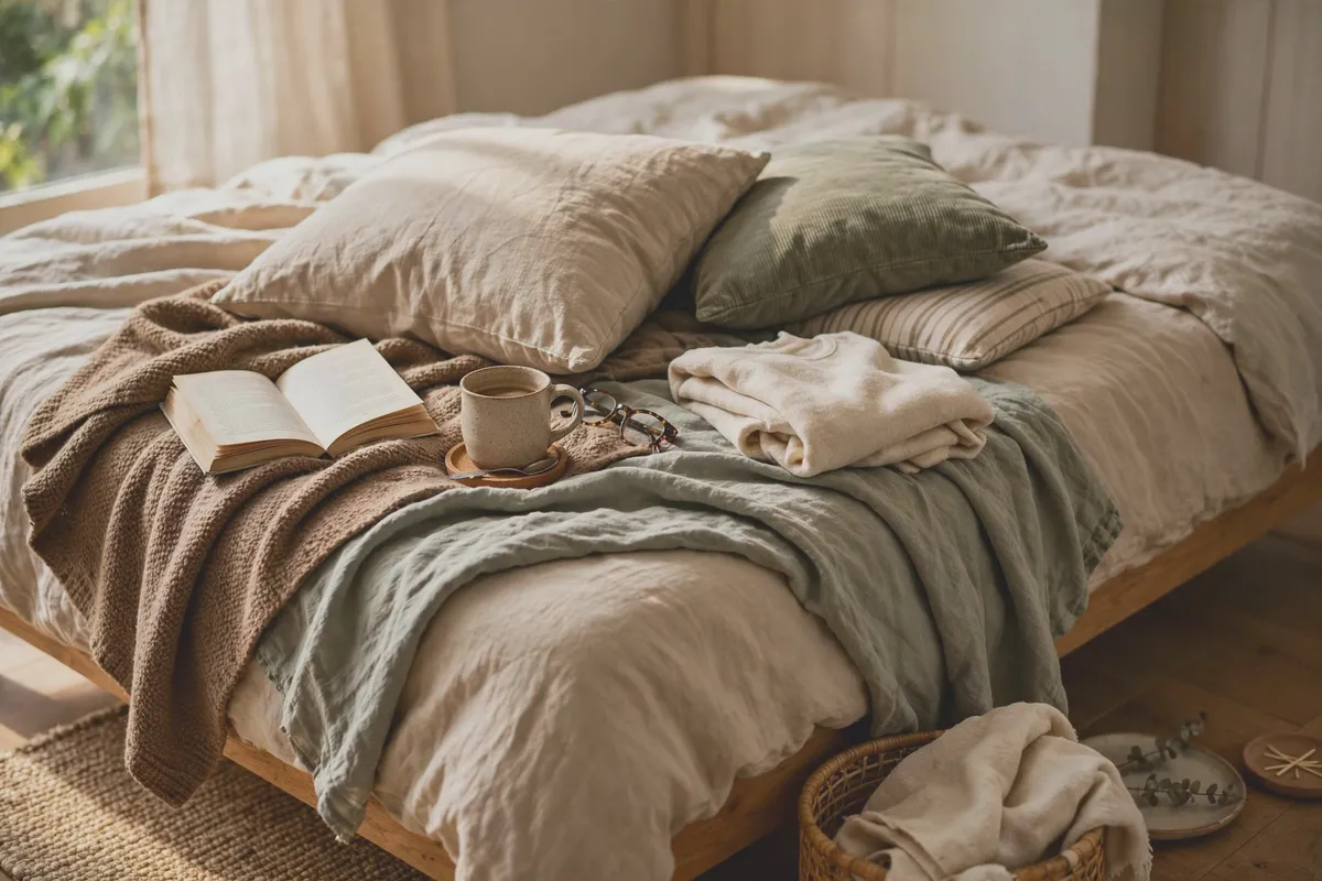 Foot of a bed styled with a layered throw blanket and stacked cushions
