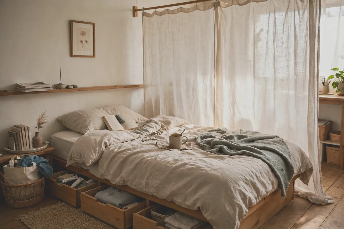 Bed with under-bed storage boxes and a light curtain divider in a studio
