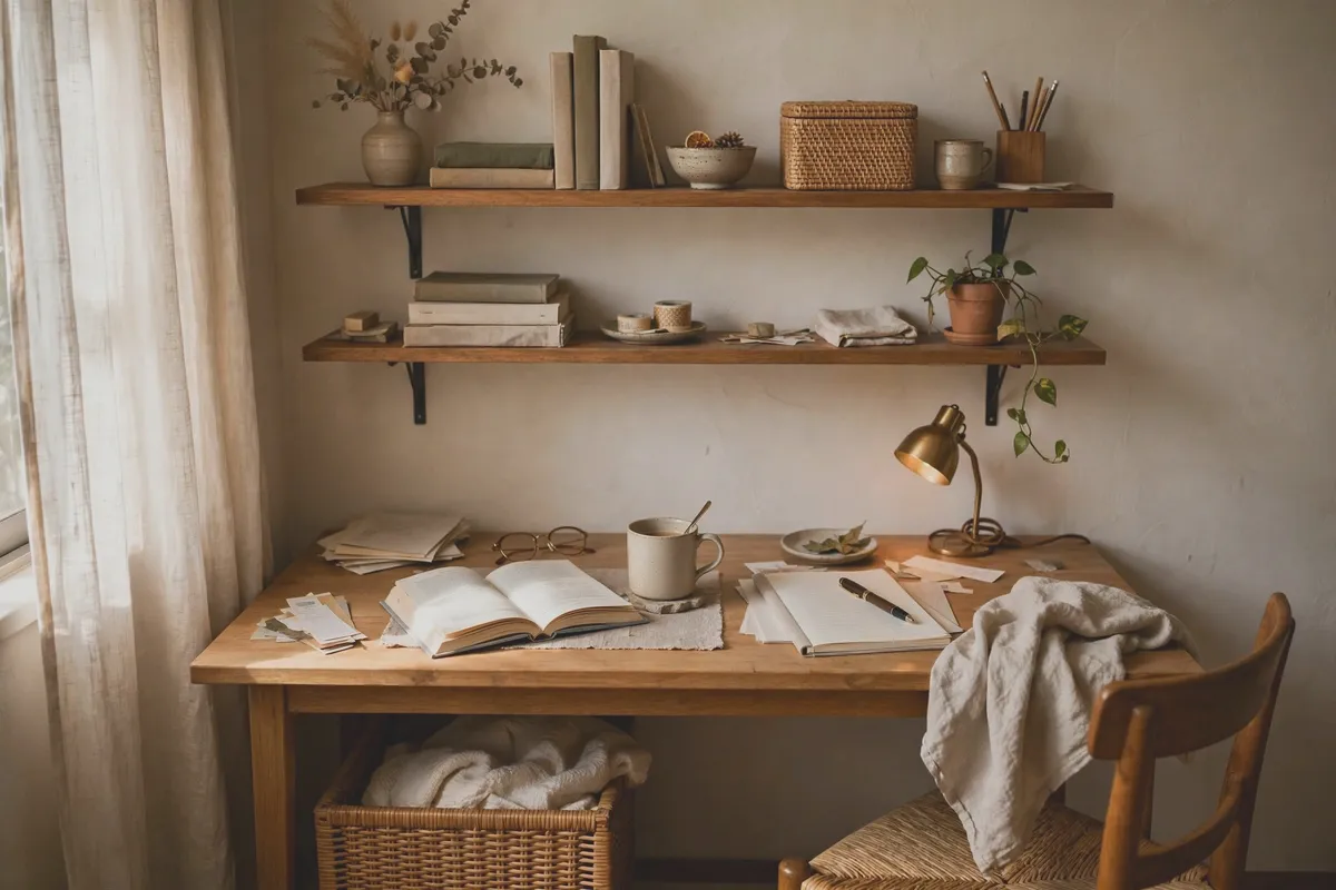 Small desk with wall-mounted shelves above holding office supplies
