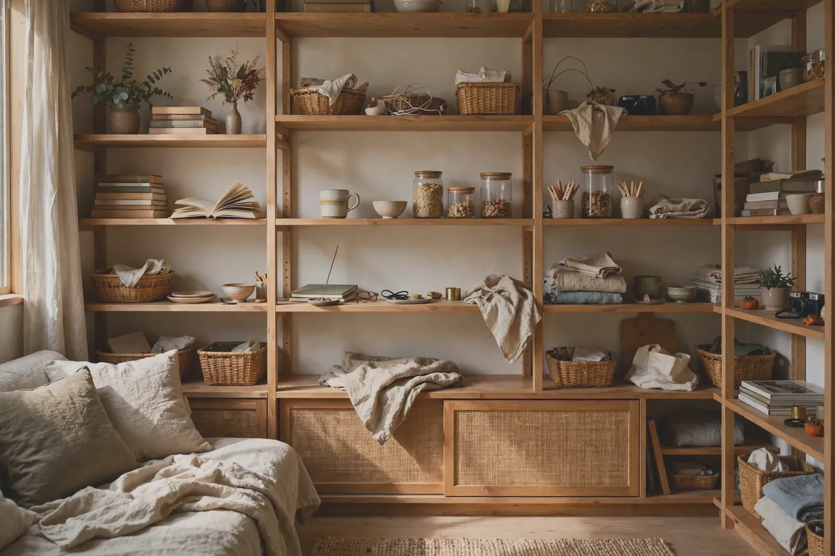 Full wall of open shelving styled with baskets, books and storage boxes