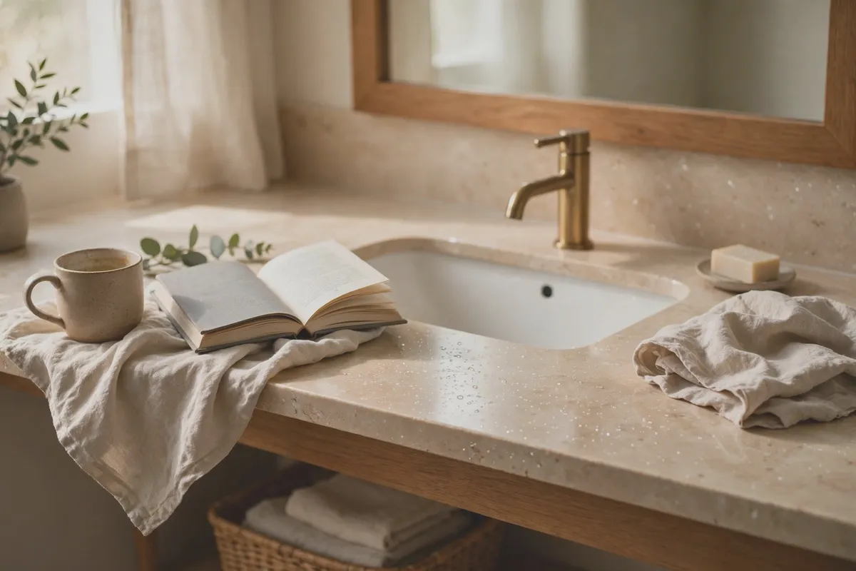 Bathroom sink counter cleared of all clutter, sparkling clean