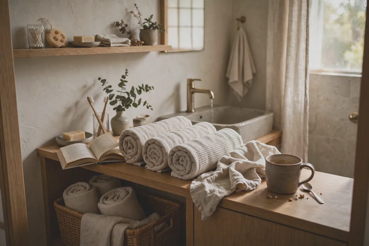 Fresh towels rolled into neat rolls in a bright bathroom