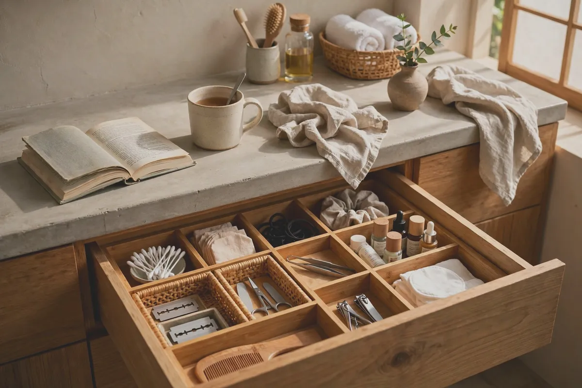 Open bathroom drawer being tidied into organized compartments