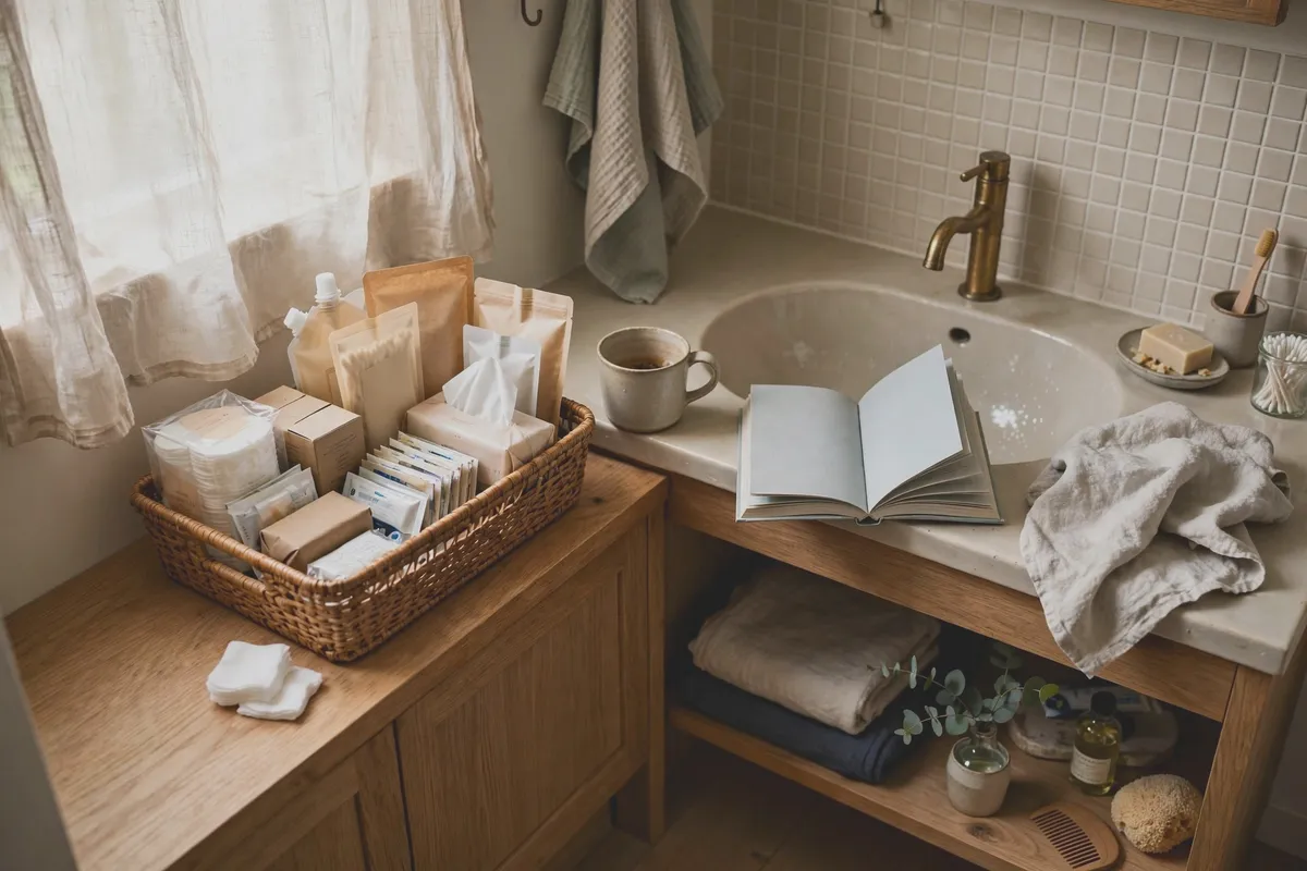Restocked basket of backup toiletries in a tidy bathroom