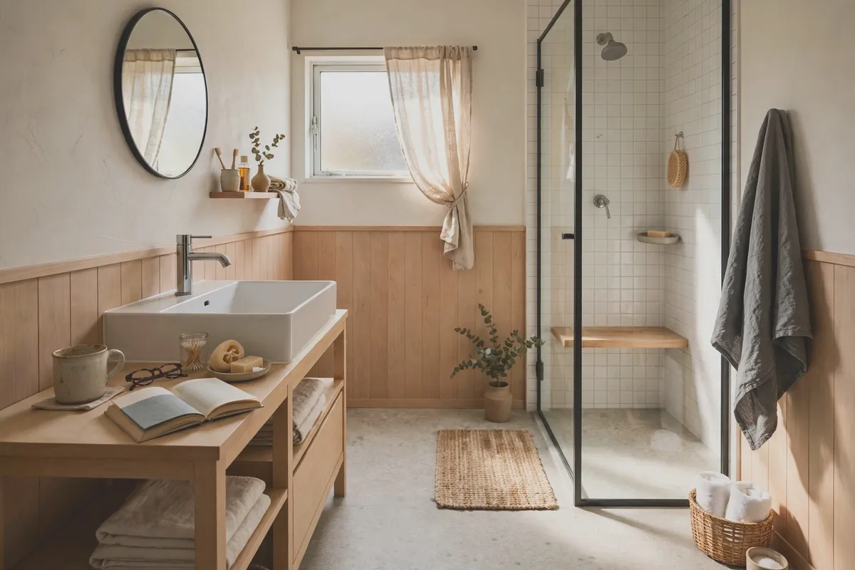 Wide view of a finished clean bathroom, fresh and bright