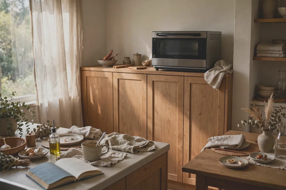 Rarely used oven stored on top of kitchen cabinets