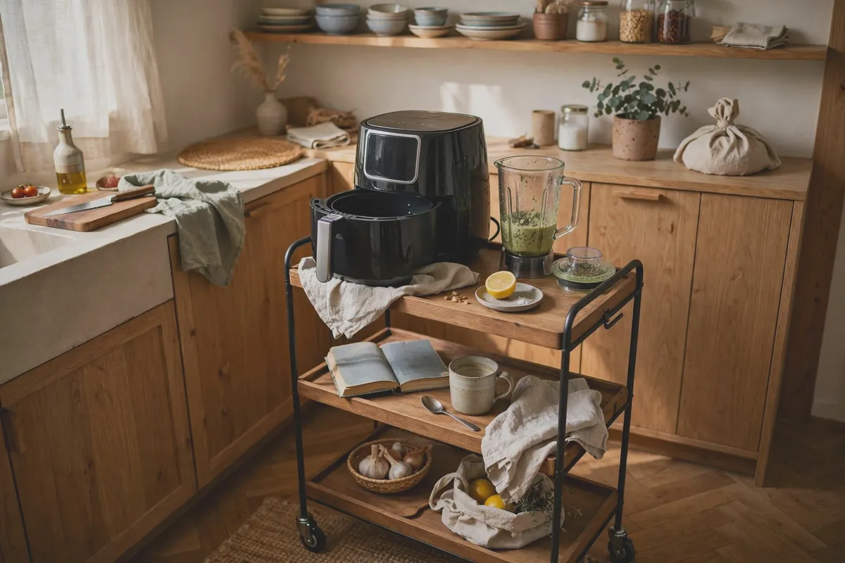 Rolling cart in a kitchen holding an air fryer and a blender