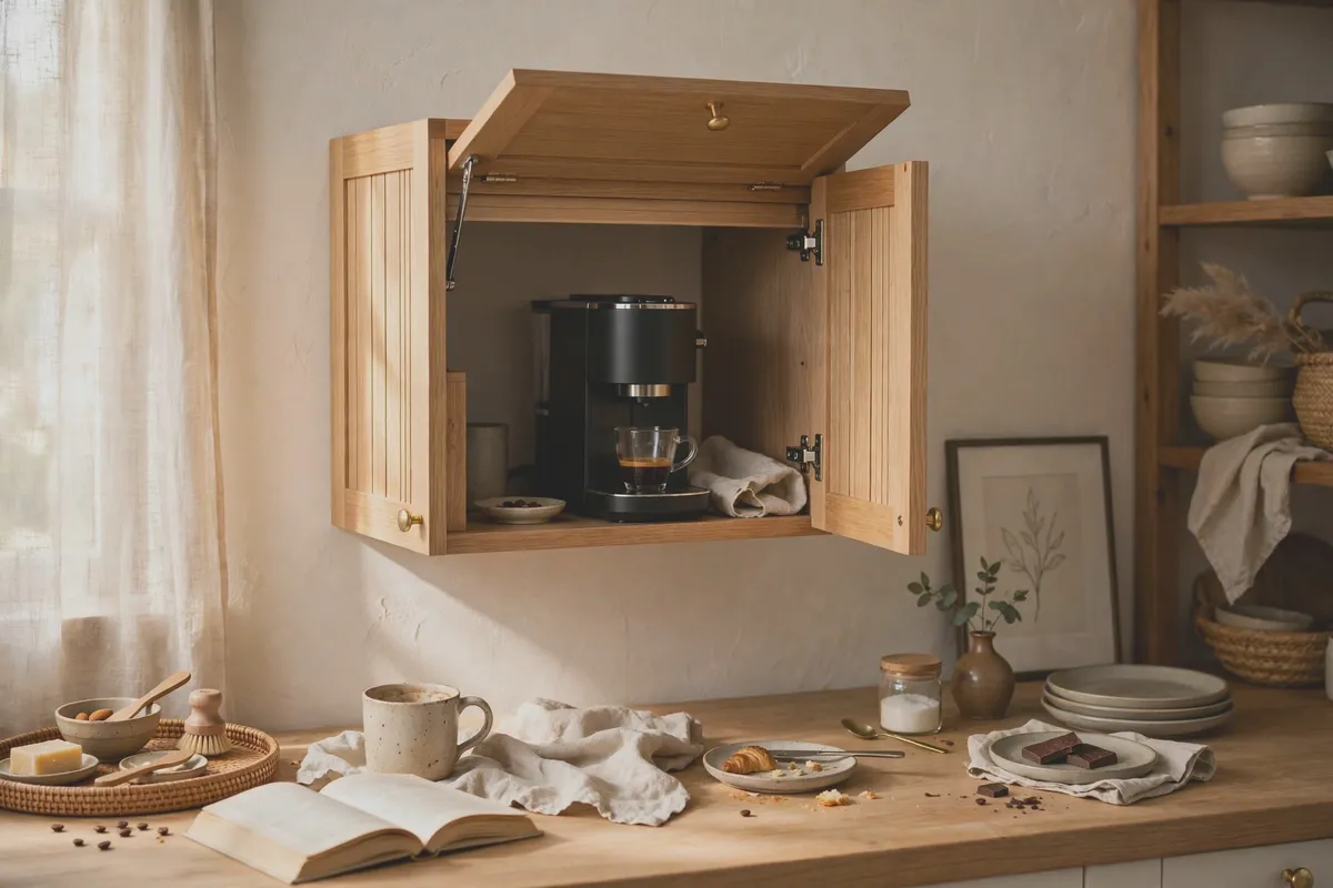 Appliance garage cabinet with a retractable door hiding a coffee maker