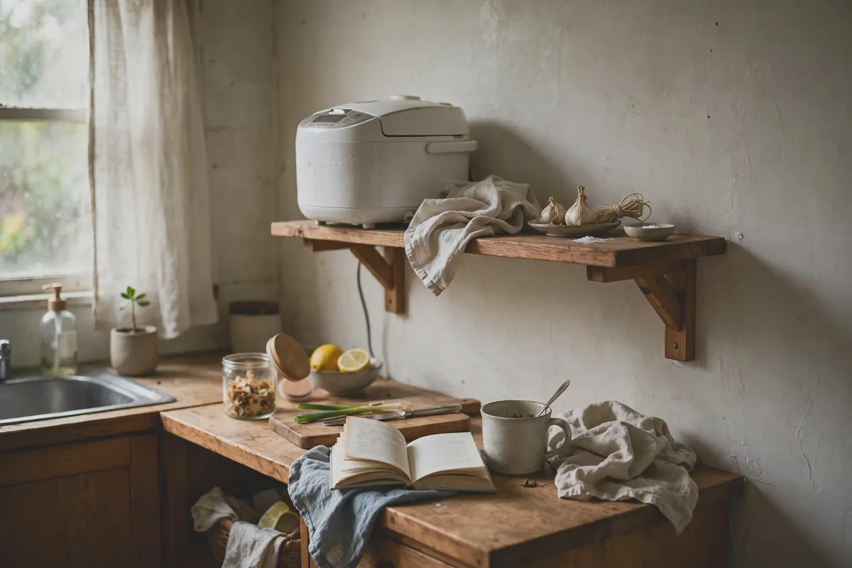 Rice cooker sitting on a high wall shelf in a small kitchen