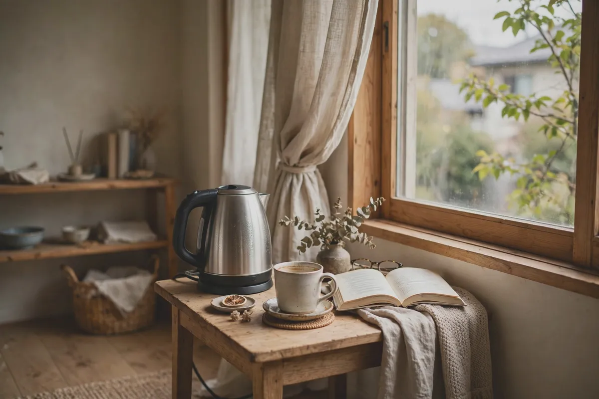 Electric kettle on a small table beside a bright kitchen window