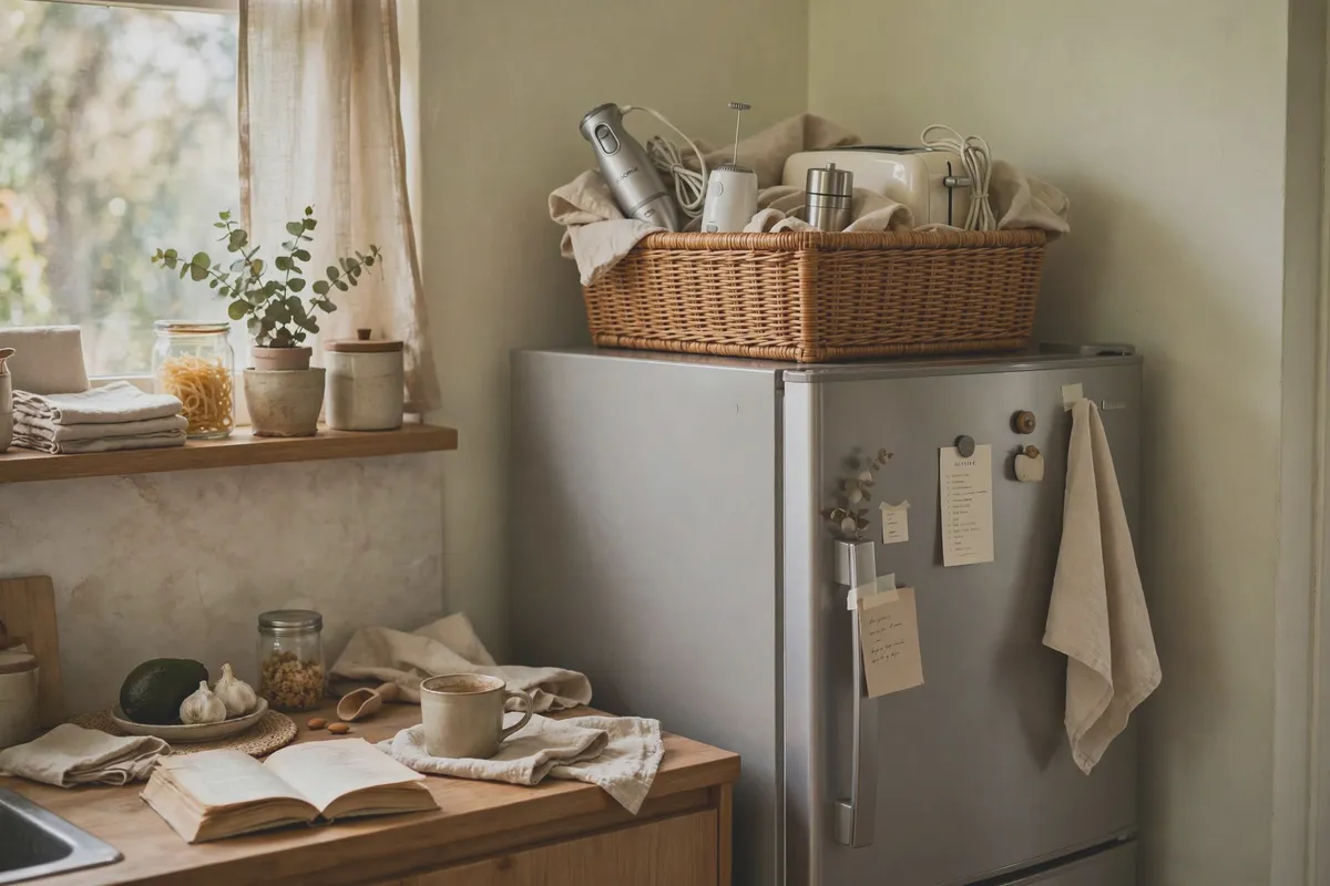 Storage basket on top of a refrigerator holding spare small appliances